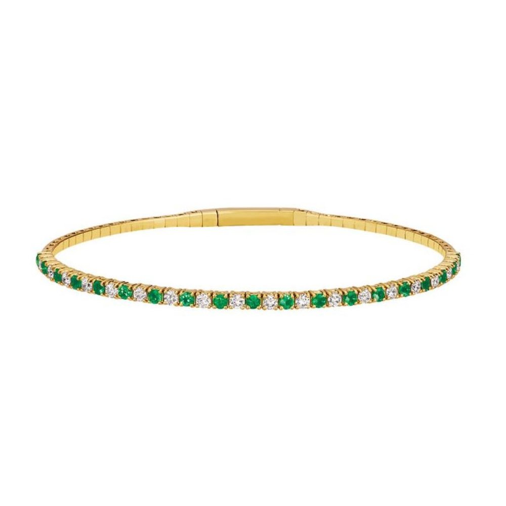 Natural Emerald & Diamond Flexible Bangle Bracelet 14K Gold